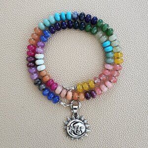 HAPPY IN HALIEWA GEMSTONE NECKLACE W/ SUN & MOON PENDANT--19" STERLING SILVER